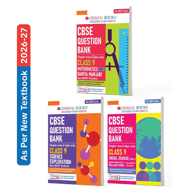 CBSE Class 9 Mathematics Part-1 (Ganita Manjari), Science (Exploration) & Social Science Part-1 Question Bank Chapter-wise & Topic-wise (Set of 3 Books) | Based on New NCERT