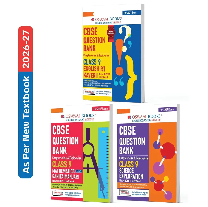 Oswaal CBSE English R1 (Kaveri), Mathematics Part-1 (Ganita Manjari) & Science (Exploration) Question Bank Chapter-wise & Topic-wise Class 9 (Set of 3 Books) | Based on NCERT | Includes Self-Assessment