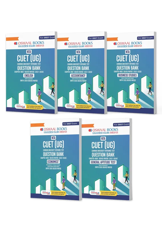 NTA CUET (UG) Chapter-wise Solved Papers Question Bank | English, Accountancy, Business Studies, General Test & Economics | Set of 5 Books | With Solved Paper 2026 | For 2027 Exam | With Oswaal AI