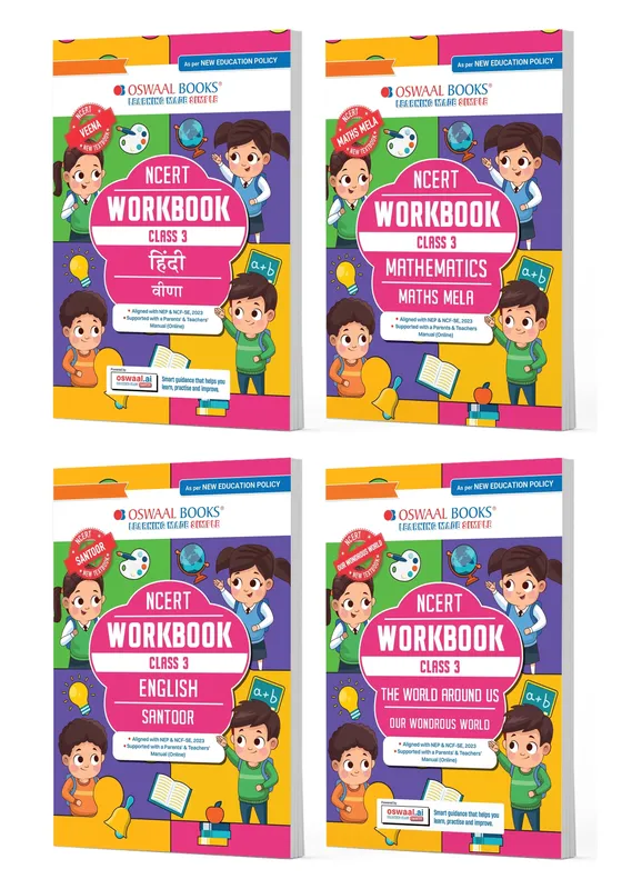 NCERT & CBSE Workbooks Class 3 (Set of 4 Books) Hindi Veena, Mathematics Mela, English Santoor & Our Wondrous World (World Around Us) (For Latest Exam)