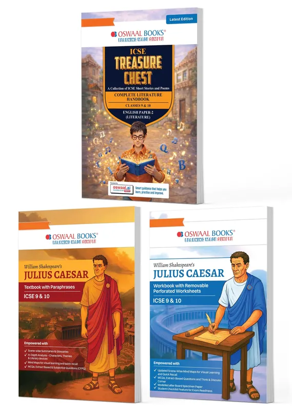 ICSE English Literature (Set of 3 Books) Class 9 & 10 (2027 Exam): Treasure Chest Handbook + Julius Caesar Workbooks & Textbook | Powered by Oswaal AI