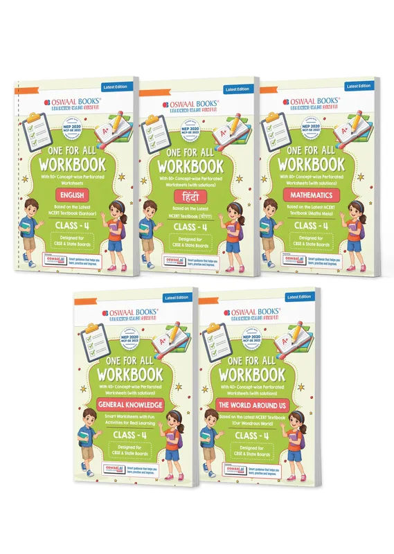One for All Workbook Class 4 English, Hindi, Maths, GK & EVS (Set of 5 Books) | 50+ Concept-wise Perforated Worksheets | NEP 2020 & NCF 2023 Aligned | For CBSE & State Boards | Builds Concept Clarity & Scientific Skills