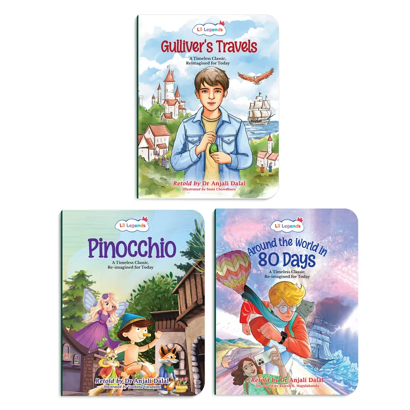 Lil Legends Timeless Classics Re-Imagined for Today | Set of 3 Story Books | Pinocchio, Around the World in 80 Days and More | Vocabulary, Imagination and Value Booster Stories | For Age 7+