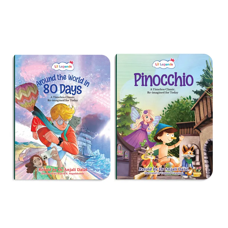 Lil Legends Timeless Classics Re-Imagined for Today | Set of 2 Story Books | Pinocchio and Around the World in 80 Days | Vocabulary, Imagination and Value Booster Stories | For Age 7+
