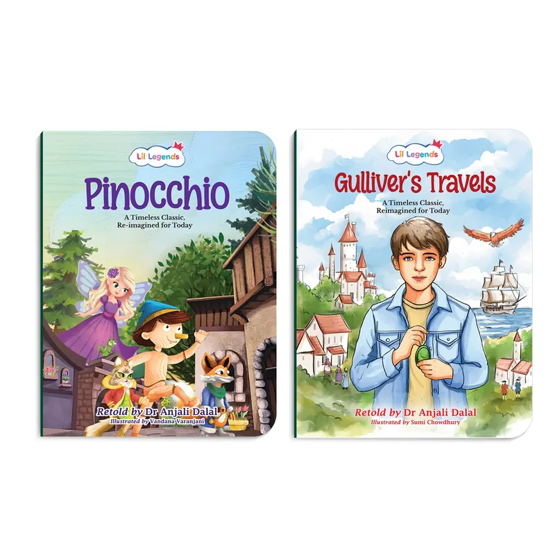 Lil Legends Timeless Classics Re-Imagined for Today | Set of 2 Illustrated Story Books | Pinocchio and Gulliver's Travels | Vocabulary, Imagination and Value Booster Stories | For Age 7+