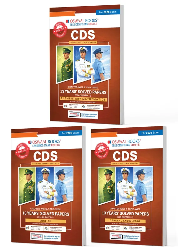 CDS Maths, English & General Knowledge 13 Years' Chapter-wise & Topic-wise Solved Papers English Medium Set of 3 | 2014-2026 | Includes 2026 Paper-I | With Oswaal AI | For 2026-27 Exams