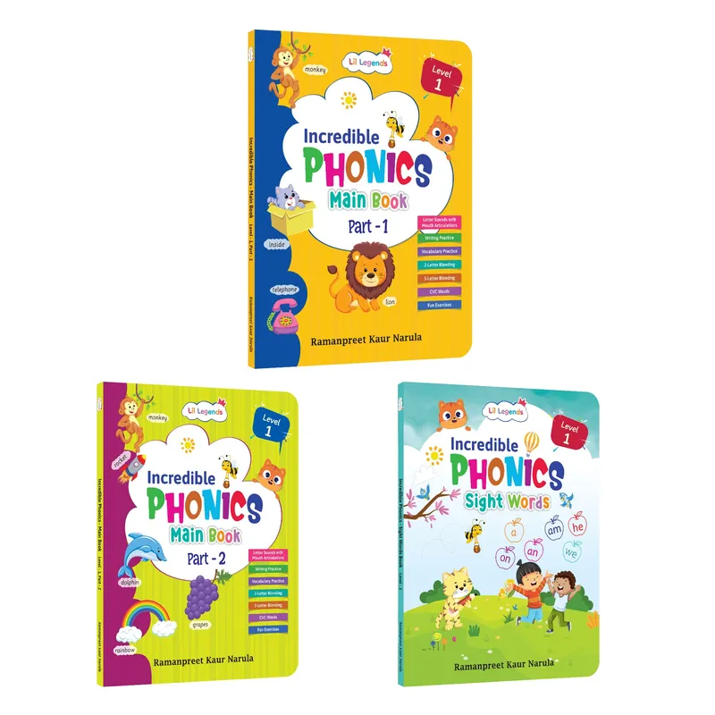 Lil Legends Incredible Phonics Level 1 Main Book Part 1, Part 2 and Sight Words Book | Set of 3 for Age 3-5 Years | Letter Sounds, High Frequency Words and Fun Activities | For Nursery/LKG/