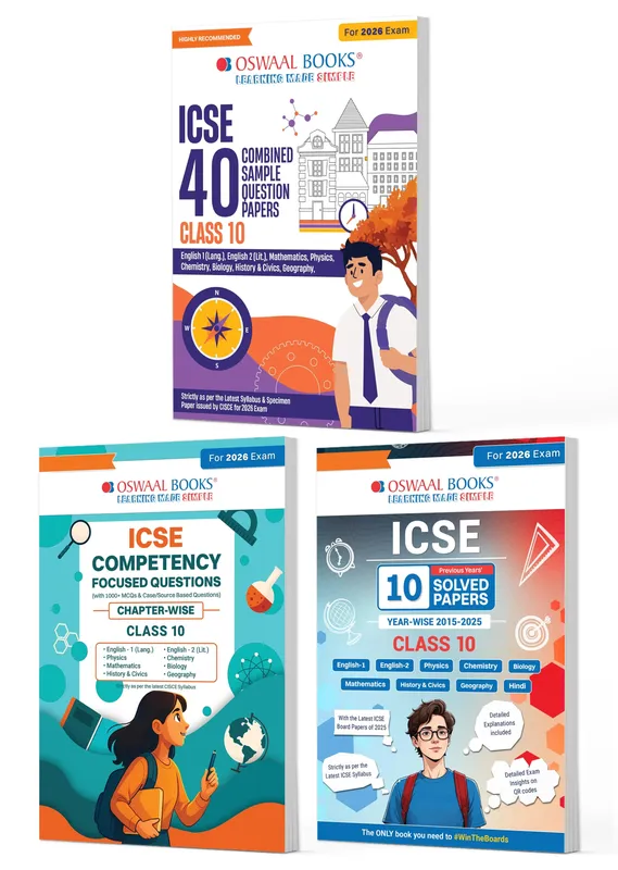 ICSE Class 10, 40 Combined Sample Question Papers + Competency Focused Questions + 10 Previous Years' Solved Papers Physics, Chemistry, Maths, Biology, English Paper-1, English Paper-2, History& Civics, Geography (Set of 3 Books) for 2026 Board Exams