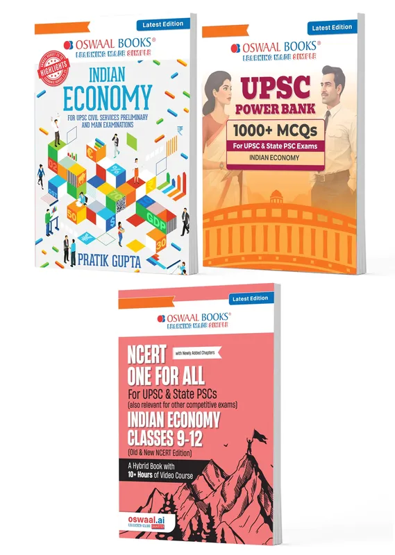 UPSC Indian Economy Exam Pack 2026 (Set of 3 Books) | Indian Economy Guide + Power Bank 1000+ MCQs + NCERT One For All (Indian Economy Class 6 - 12) | PYQs, 1500+ Practice Qs, Mind Maps, Smart Summaries & Exam Readiness