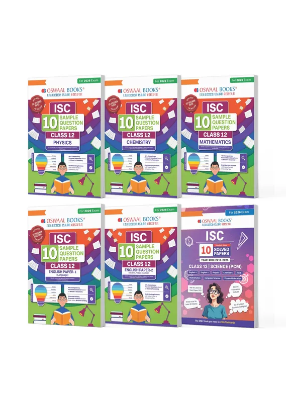 ISC Class 12, 10 Sample Question Papers + 10 Previous Years' Solved Papers PCM- Physics, Chemistry, Maths, English-1, English-2 (Set of 6 Books) for 2026 Board Exams