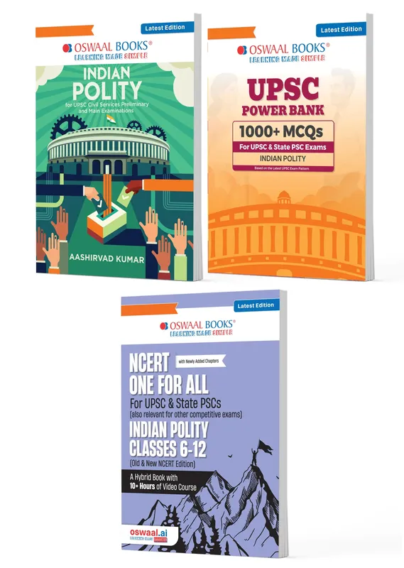 UPSC Indian Polity Exam Pack 2026 (Set of 3 Books) | Indian Polity Guide + Power Bank 1000+ MCQs + NCERT One For All (Classes 6-12) | PYQs, 1500+ Practice Qs, Mind Maps, Summaries & Exam Readiness