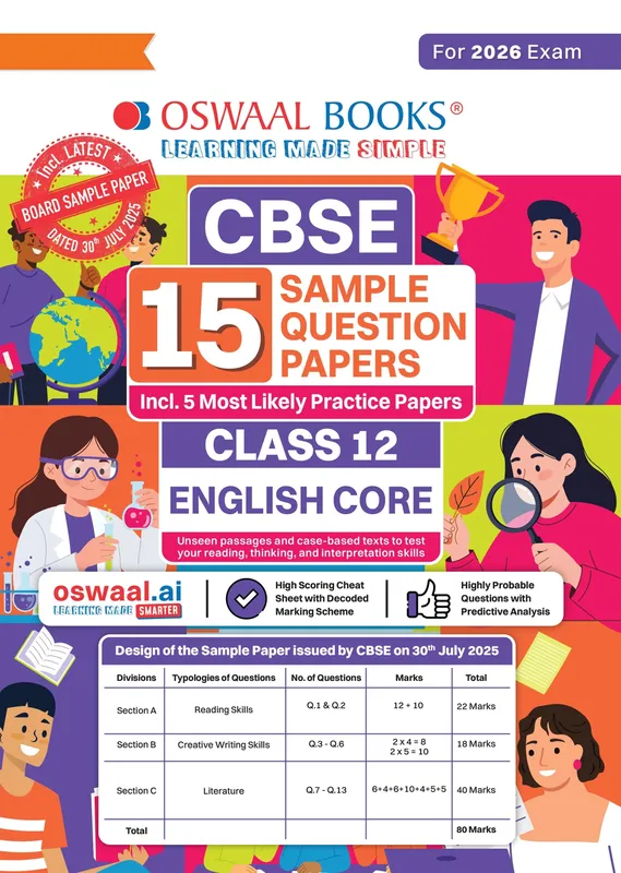 CBSE 15 Sample Question Papers Class 12 English Core for 2026 Board Exam (As per CBSE Sample Question Paper issued on 30 July 2025), recommended by 2025 CBSE Toppers with Chapter-wise Highly Probable Questions