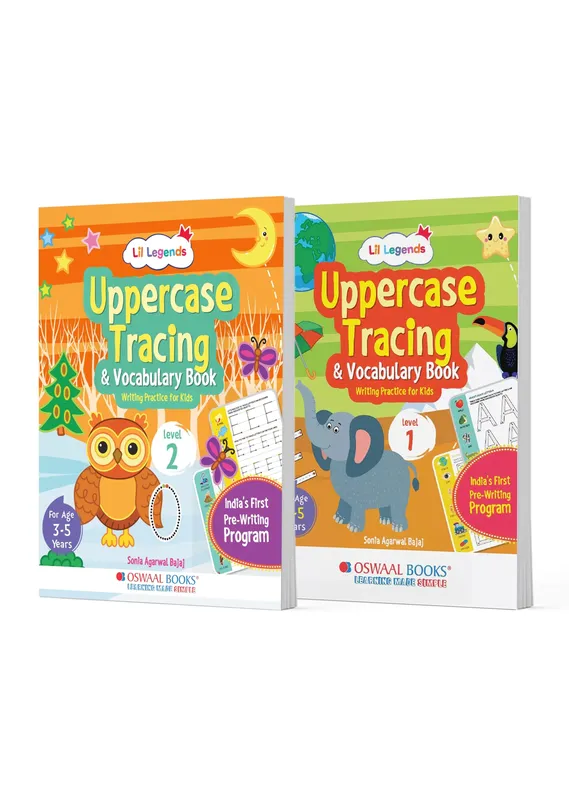 Lil Legends Uppercase Letter Tracing & Vocabulary Activity Books Set of 2 for Kids Age 3-5 Years - Level 1& 2 Early Writing Practice, ABC Learning Workbooks for Preschoolers