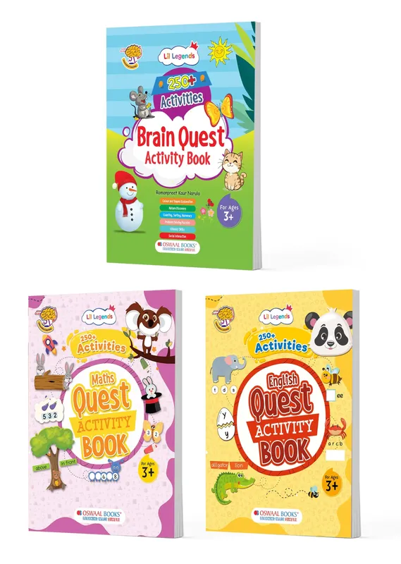 Lil Legends Brain, Maths & English Activity Book Set for Kids | Set of 3 Books | 250+ Activities in Each Book | 750+ Fun Exercises | Drawing, Colouring, Reasoning, Numbers & Alphabet | For LKG/UKG | Age 3+ Years