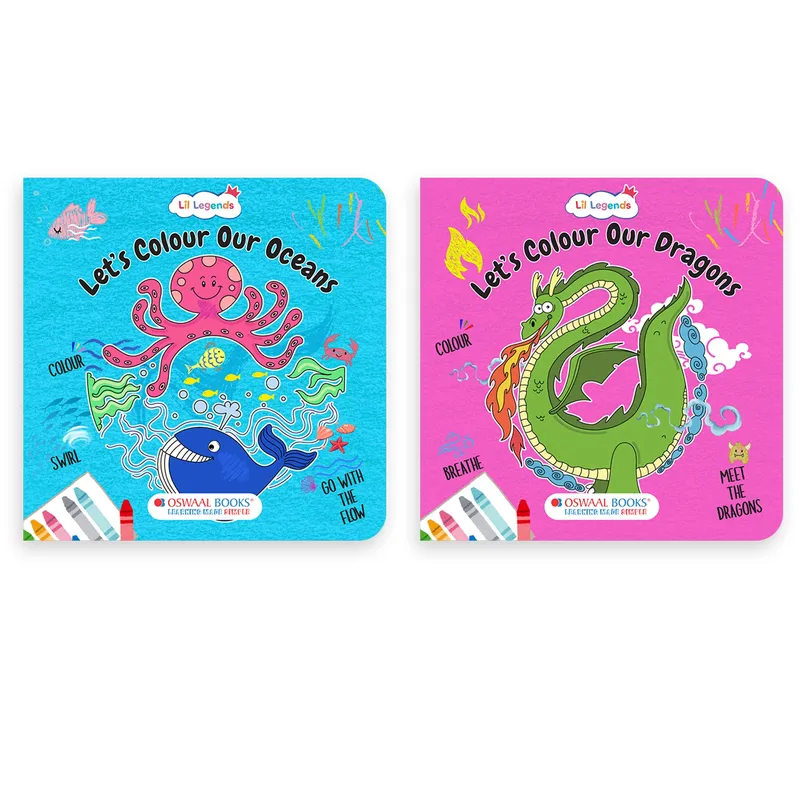 Lil Legends Let's Colour Set of 2 Colouring Books | Oceans and Dragons | Travel-Friendly Hardboard Support | Boosts Focus and Creativity | For UKG/Primary | Age 4+