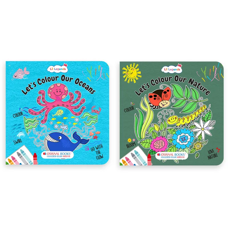Lil Legends Let's Colour Set of 2 Colouring Books | Oceans and Nature | Travel-Friendly Hardboard Support | Boosts Focus and Creativity | For UKG/Primary | Age 4+