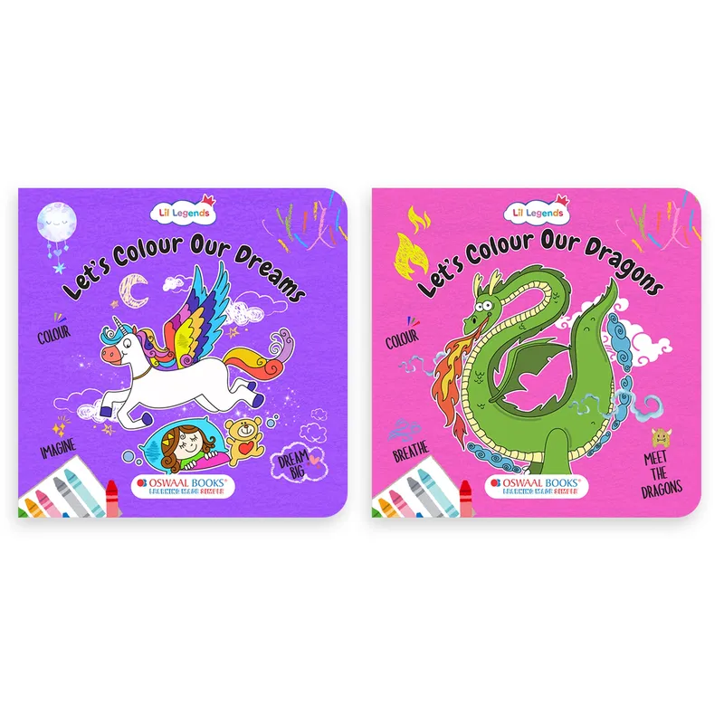 Lil Legends Let's Colour Set of 2 Colouring Books | Dreams and Dragons | Travel-Friendly Hardboard Support | Boosts Focus and Creativity | For UKG/Primary | Age 4+