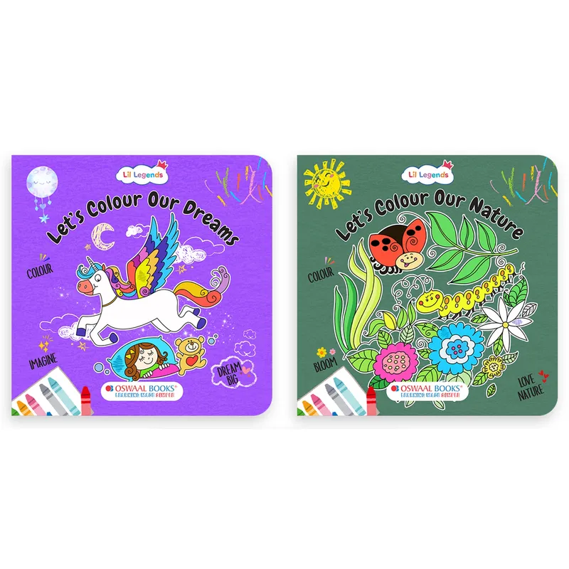 Lil Legends Let's Colour Set of 2 Colouring Books | Dreams and Nature | Travel-Friendly Hardboard Support | Boosts Focus and Creativity | For UKG/Primary | Age 4+