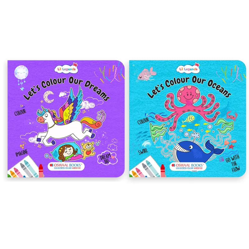 Lil Legends Let's Colour Set of 2 Colouring Books | Dreams and Oceans | Travel-Friendly Hardboard Support | Boosts Focus and Creativity | For UKG/Primary | Age 4+