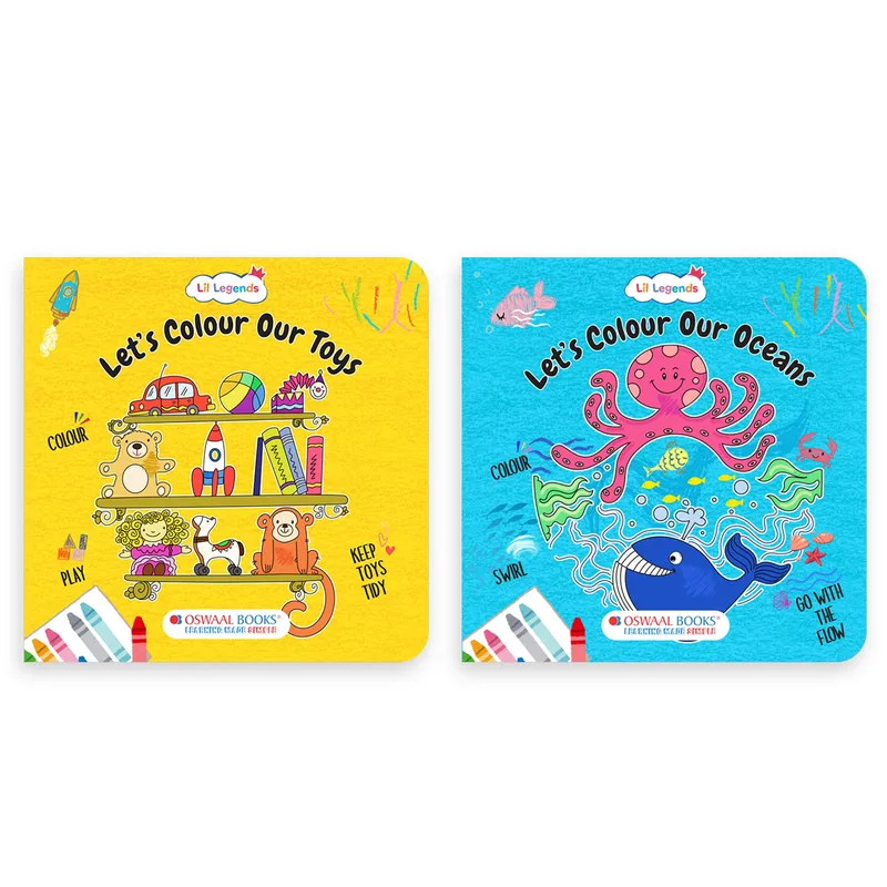 Lil Legends Let's Colour Set of 2 Colouring Books | Toys and Oceans | Travel-Friendly Hardboard Support | Boosts Focus and Creativity | For UKG/Primary | Age 4+