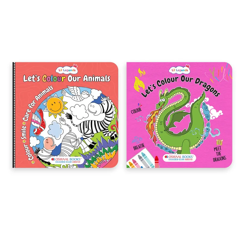 Lil Legends Let's Colour Set of 2 Colouring Books | Animals and Dragons | Travel-Friendly Hardboard Support | Boosts Focus and Creativity | For UKG/Primary | Age 4+
