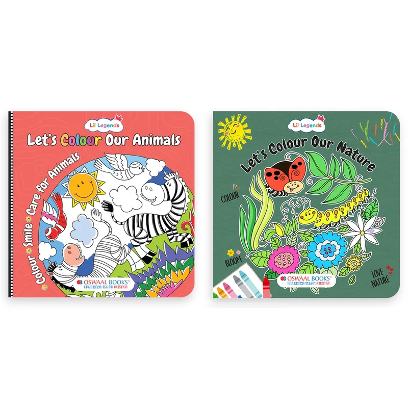 Lil Legends Let's Colour Set of 2 Colouring Books | Animals and Nature | Travel-Friendly Hardboard Support | Boosts Focus and Creativity | For UKG/Primary | Age 4+