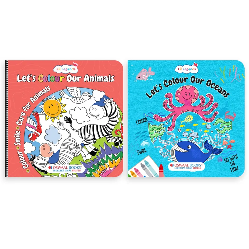 Lil Legends Let's Colour Set of 2 Colouring Books | Animals and Ocean | Travel-Friendly Hardboard Support | Boosts Focus and Creativity | For UKG/Primary | Age 4+