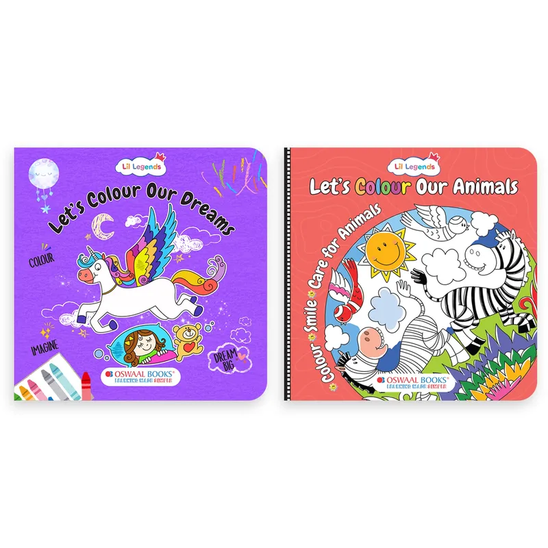 Lil Legends Let's Colour Set of 2 Colouring Books | Animals and Dreams | Travel-Friendly Hardboard Support | Boosts Focus and Creativity | For UKG/Primary | Age 4+