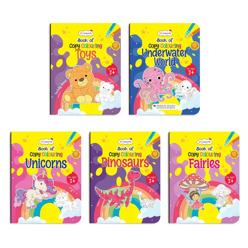 Lil Legends Books Of Copy Colouring Set of 5 Books for Kids | Dinosaurs, Unicorns, Toys, Fairies and Underwater World | Fun Activities and Vocabulary Booster | For LKG/UKG | Age 3+