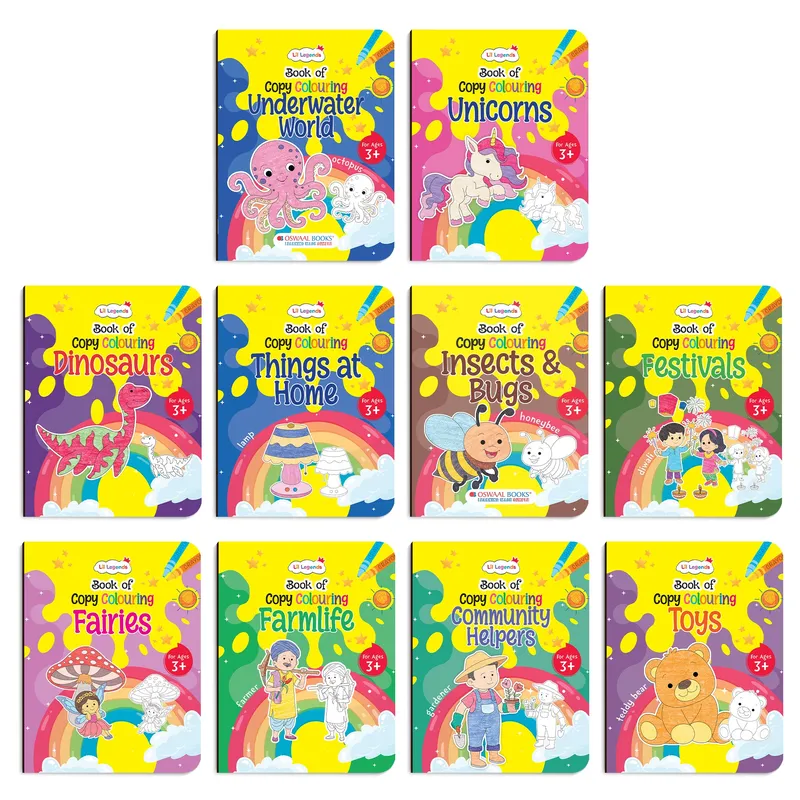 Lil Legends Books Of Copy Colouring Set of 10 Books for Kids | Dinosaurs, Unicorns, Festivals, Community Helpers and More | Fun Activities and Vocabulary Booster | For LKG/UK | Age 3+