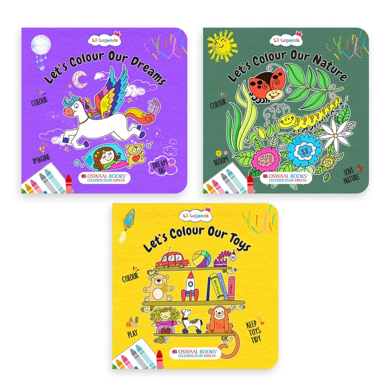 Lil Legends Let's Colour Set of 3 Colouring Books | Toys, Dreams and Nature | Travel-Friendly Hardboard Support | Boosts Focus and Creativity | For UKG/Primary | Age 4+