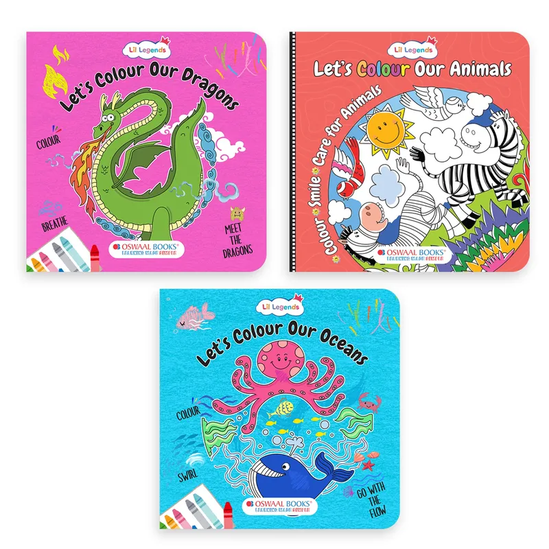 Lil Legends Let's Colour Set of 3 Colouring Books | Animals, Oceans and Dragons | Travel-Friendly Hardboard Support | Boosts Focus and Creativity | For UKG/Primary | Age 4+