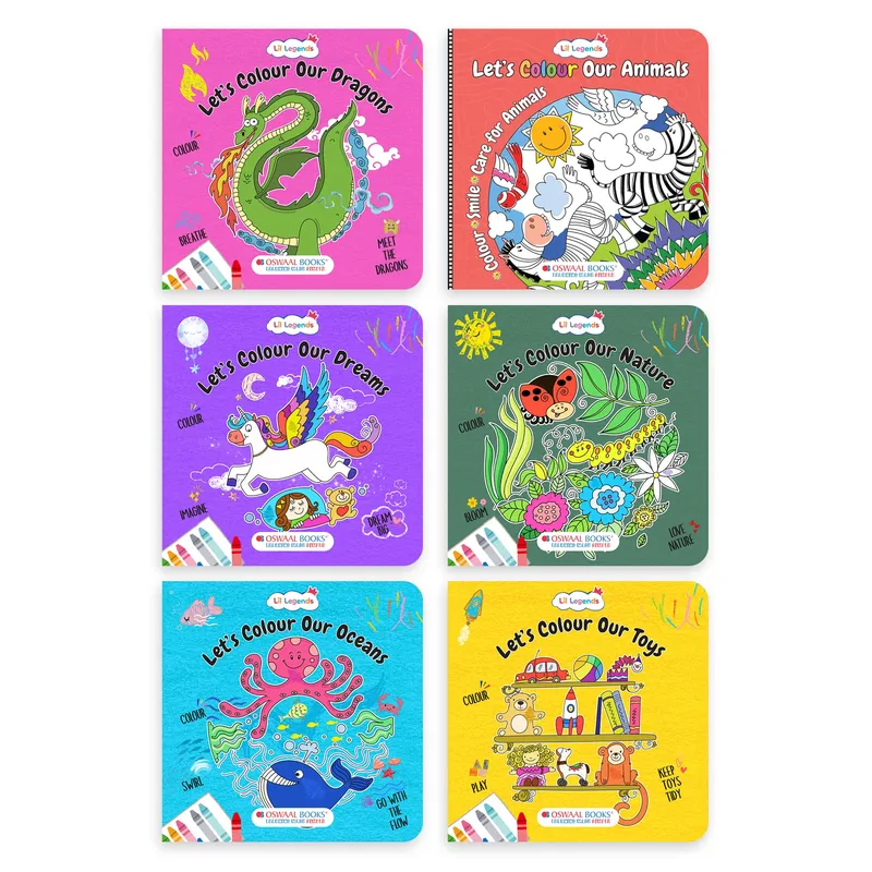Lil Legends Let's Colour Set of 6 Colouring Books | Animals, Toys, Dreams, Dragons, Nature and Oceans | Travel-Friendly Hardboard Support | For UKG/Primary | Age 4+