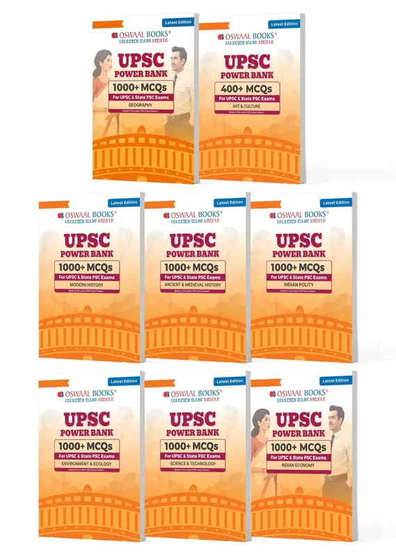 Power Bank | 1000+ MCQs For UPSC And State PSCs Exams | Geography, Ancient & Medieval History, Indian Polity,Indian Economy, Modern History, Art & Ecology, Science & Technology (Set of 8) | Latest Edition