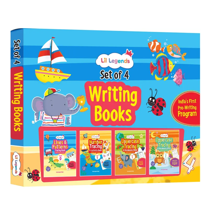 Lil Legends Set of 4 Writing Books Box Set | India's First Pre-Writing Program | Patterns, Numbers and Uppercase Tracing, Activities and Vocabulary | For Nursery/LKG/UKG | Age 2-5
