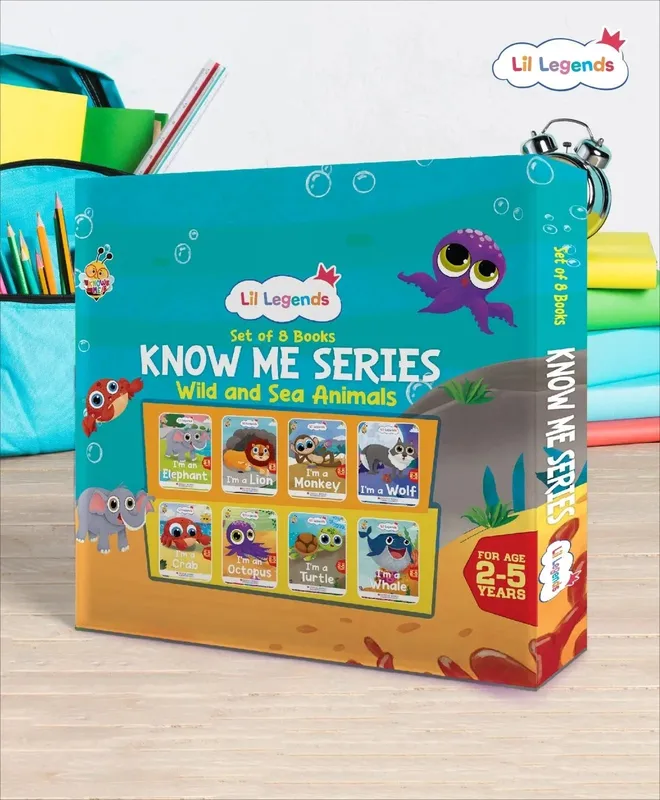 Lil Legends Set of 8 Books, Know Me Series Wild and Sea Animals | Gift Box Set for Kids | Wolf, Monkey, Lion, Elephant, Whale, Turtle, Octopus, Crab | Picture Stories | Age 2-5