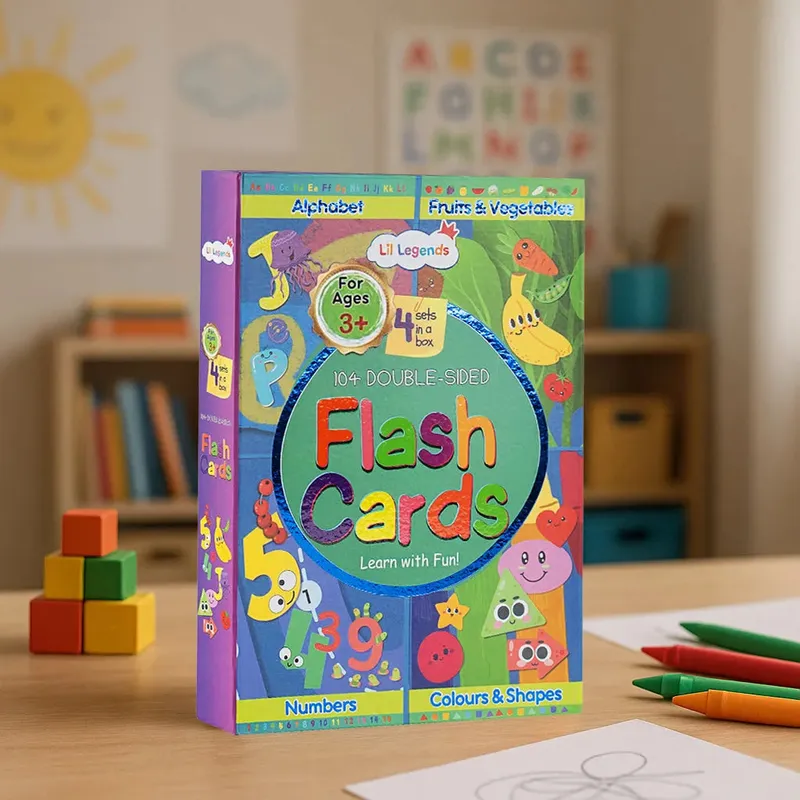 Lil Legends 104 Double-sided Flash Cards, 4 Sets In A Box for Kids | Alphabets, Numbers, Shapes and Colours, Fruits and Vegetables | Early Learning and Fun Activity Cards | Age 3+