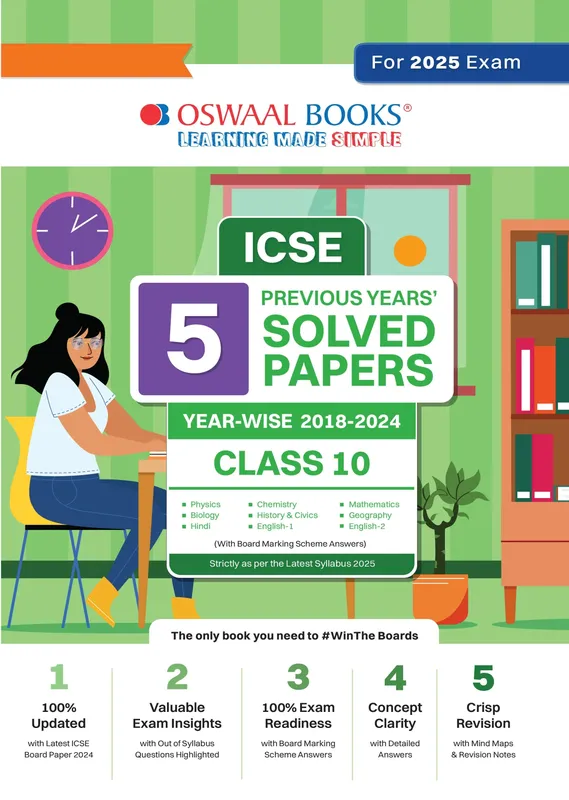 ICSE 5 Previous Year Solved Papers Class-10 | Yearwise 2018-2024 (Physics, Chemistry, Maths, Biology, History, civics, Geography, Hindi, English 1, English 2) For 2025 Board Exam