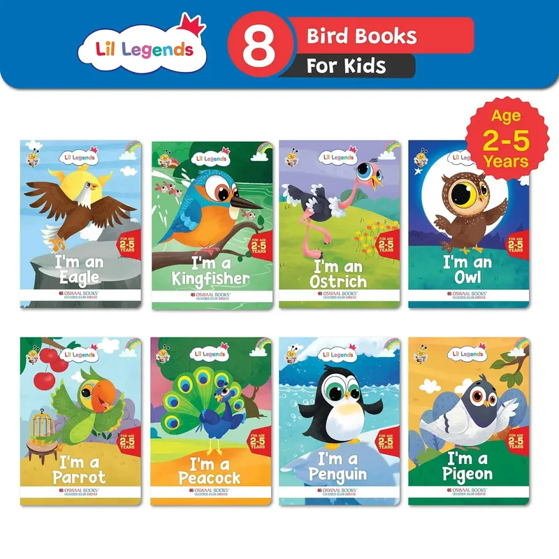 Lil Legends Know Me Series Birds - Set of 8 Illustrated Picture Books for Kids Age 2+ Years | Eagle, Kingfisher, Ostrich, Owl, Parrot, Peacock, Penguin & Pigeon | Fun Facts for Early Learning