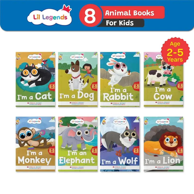 Lil Legends Know Me Series for Kids | Set of 8 Books | Pet & Wild Animals | Cat, Cow, Dog, Rabbit, Elephant, Lion, Monkey & Wolf | Age 2+ Years | Early Learning | Paperback