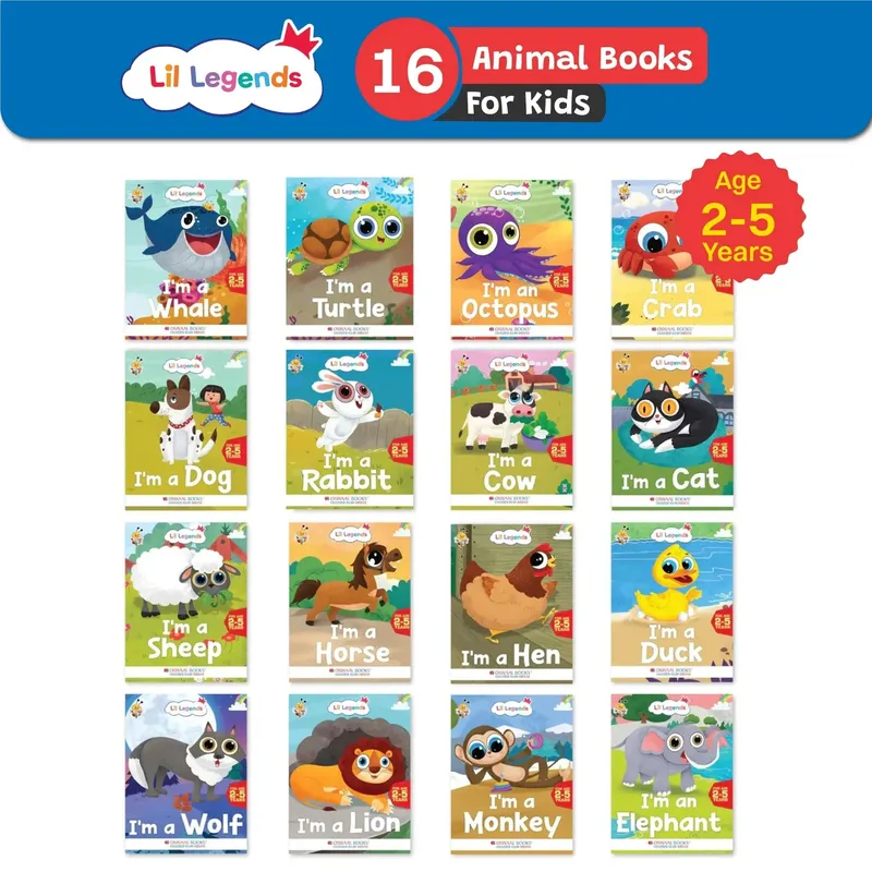 Lil Legends Know Me Series for Kids | Set of 16 Books | Sea, Pet, Wild & Farm Animals | Crab, Octopus, Cat, Cow, Lion, Monkey, Duck, Hen & More | Illustrated Picture Books | Age 2+ Years