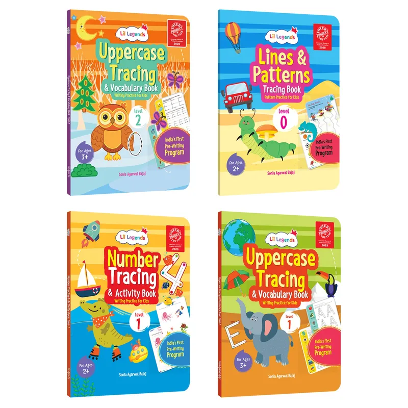 Lil Legends Writing Books Set of 4 Books | India's First Pre-Writing Program | Patterns Numbers and Uppercase Tracing, Activities and Vocabulary | For Nursery/LKG/UKG | Age 2-5