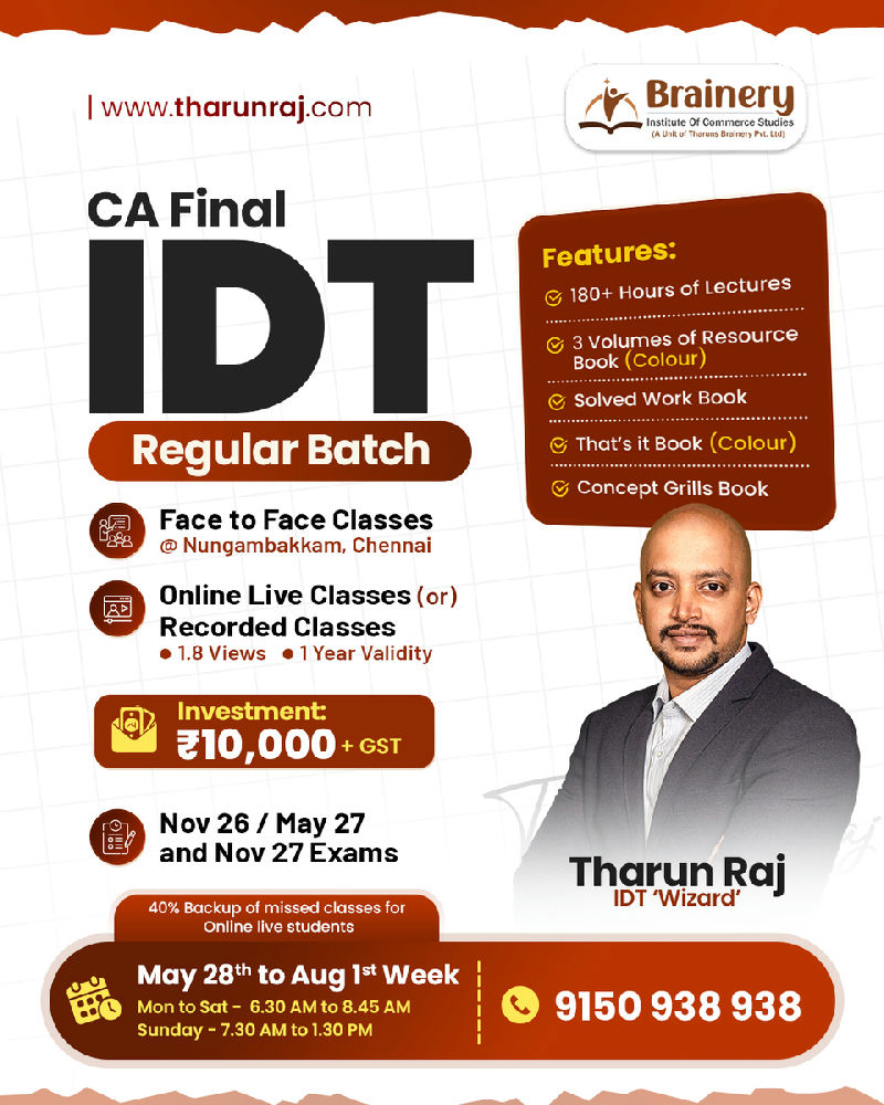 CA Final – Indirect Tax Laws (IDT) | Regular Batch – Nov 26 / May 27 / Nov 27 Exams